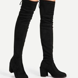 Tie back over the knee block heeled boots
